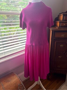 Anthropologie Fuchsia Ribbed Knit Top with Pleated Midi Skirt